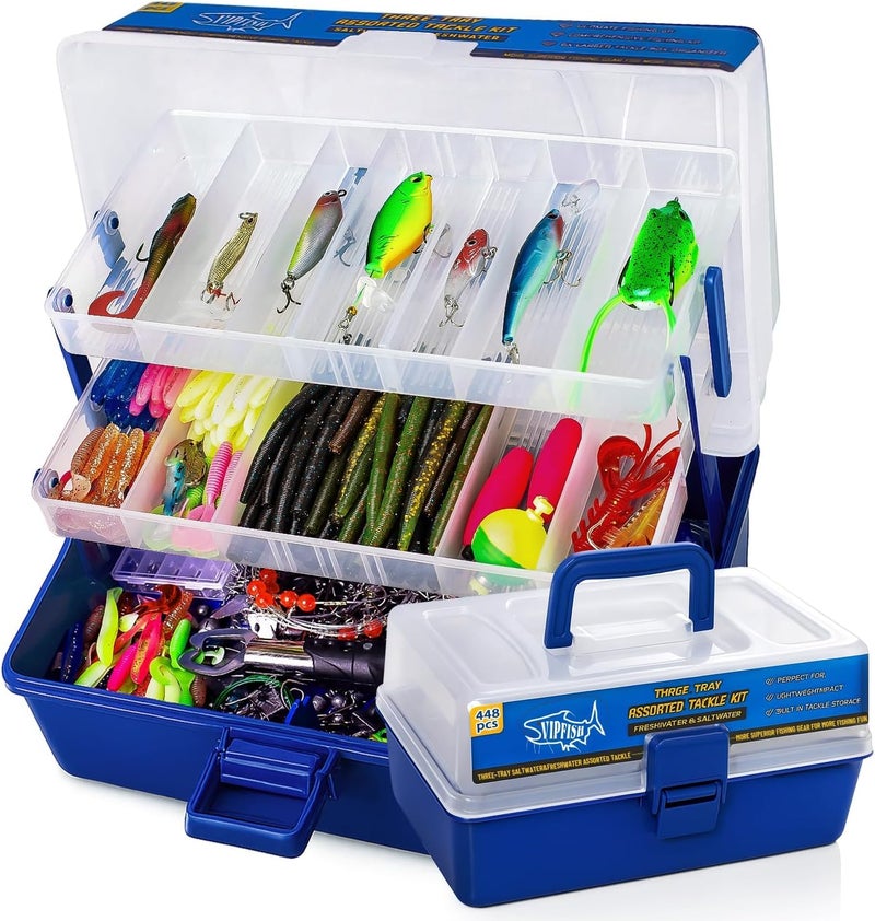 Vipfish 448-Pcs Fishing Lures Kit – Complete 3-Layer Tackle Box Set with Hooks, Weights, Bobbers, Pliers, Rigs, Leaders, Fluorocarbon Line, Accessories & More for Kids Fishing Gear - Image 1